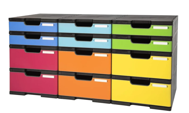 Exacompta - Ref 385714TIRD - Modulodoc 12 Cases with Drawers (6 Normal + 6 Jumbo) - 354 x 864 x 422mm in Size, Various Drawer Heights - Iderama Black/Mouse Grey/Harlequin
