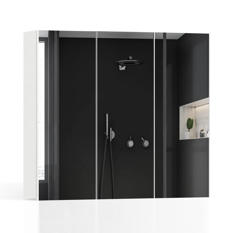 TUKAILAi 3 Doors Bathroom Mirror Cabinet Wall Mounted Storage Cupboard Bath Cabinet Shelf Organiser Storage Waterproof Wooden Frame