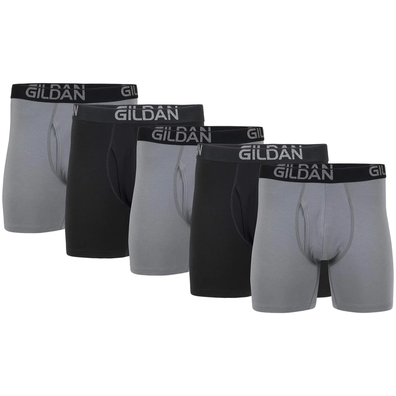 Gildan Men's Cotton Stretch Boxer Brief, Multipack, Grey Flannel/Black Soot (5-Pack, Regular Leg), M (Pack of 5)