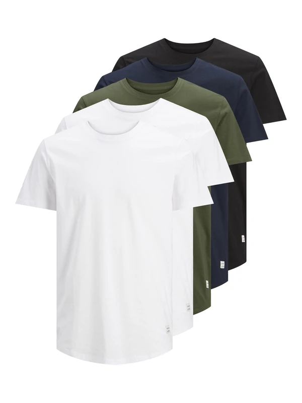 JACK & JONES Mens 5 Pack T-Shirt White/Black/NVY/FST L