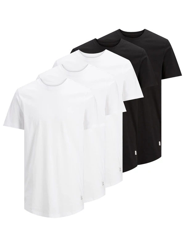 JACK & JONES Men’s Cotton T-Shirt – 5-Pack (3 White, 2 Black) Classic Short Sleeve Crew Neck – Soft & Breathable Jersey Fabric with Curved Hem – Long Line Fit Tees – Ideal for Everyday Wear (Size-M)