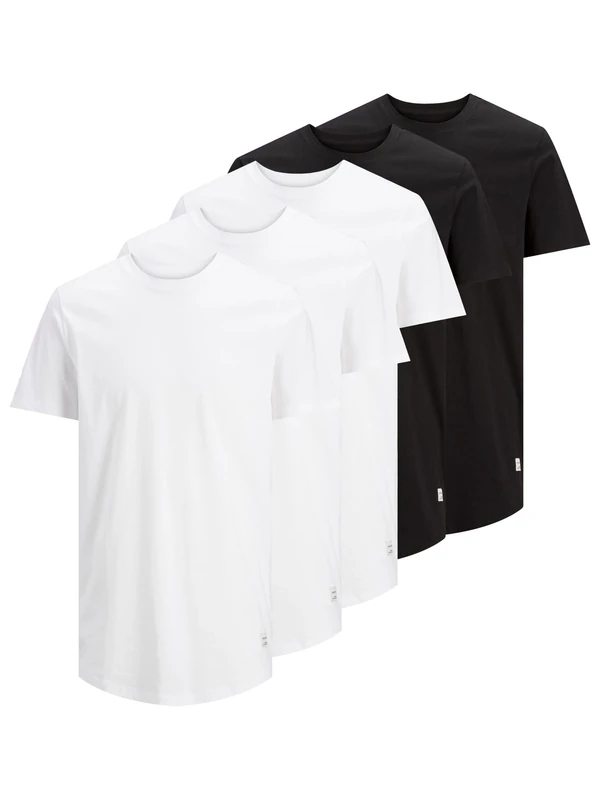 JACK & JONES Men’s Cotton T-Shirt – 5-Pack (3 White, 2 Black) Classic Short Sleeve Crew Neck – Soft & Breathable Jersey Fabric with Curved Hem – Long Line Fit Tees – Ideal for Everyday Wear (Size-XL)