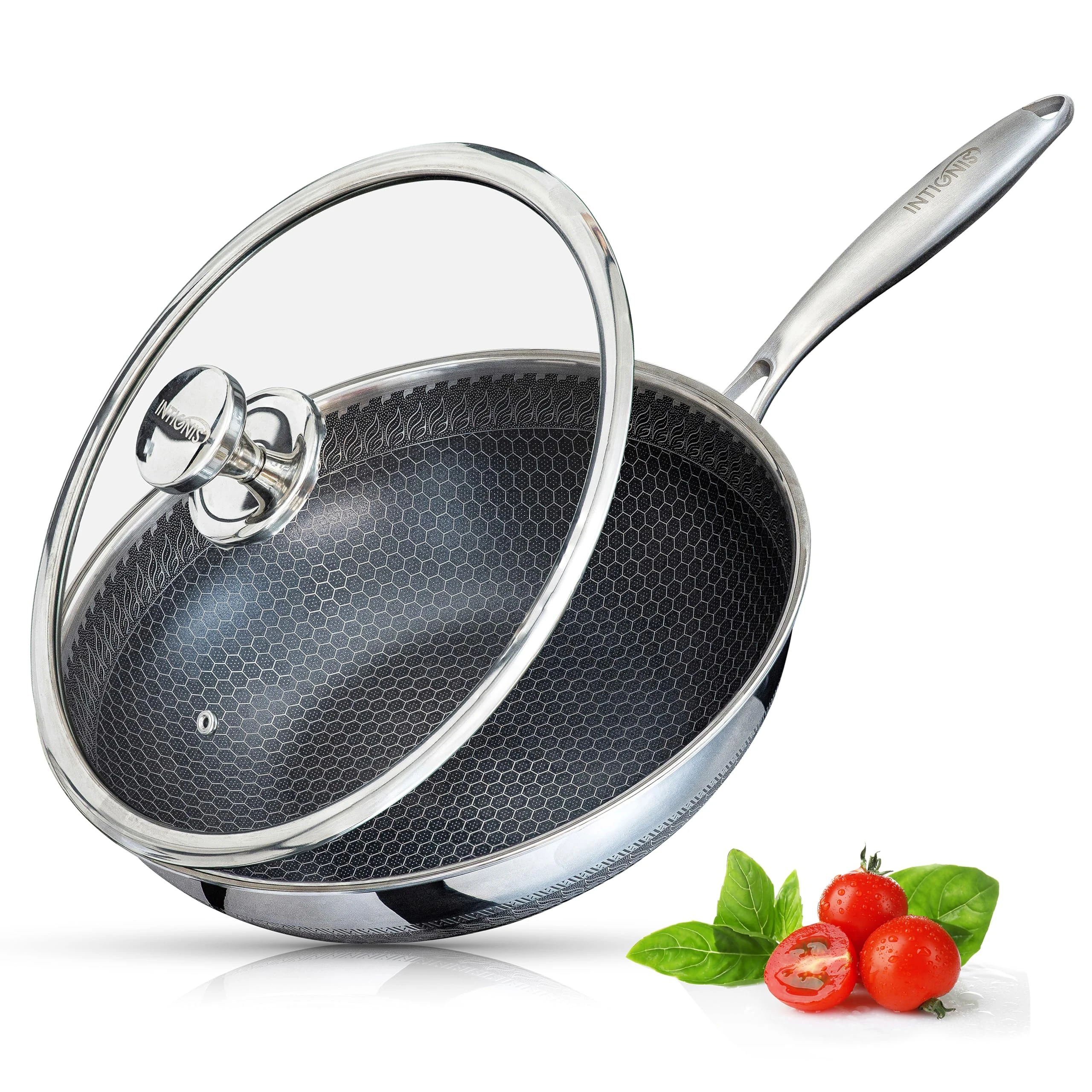INTIGNIS® Wok with Oven-Safe Lid - Anti Scratch Kitchen, for Sautéing, Roasting, Broiling – Large 30cm Stainless-Steel Skillet - German GREBLON Non-Stick Shield Technology