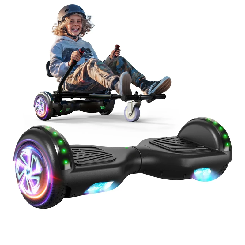SISIGAD Hoverboard and Kart Bundle, 6.5 inch Self Balancing Scooter with Hoverkart, Hoverboards with LED Lights, Ideal Hover Board for Kids Teenagers Adults，Black+Gray