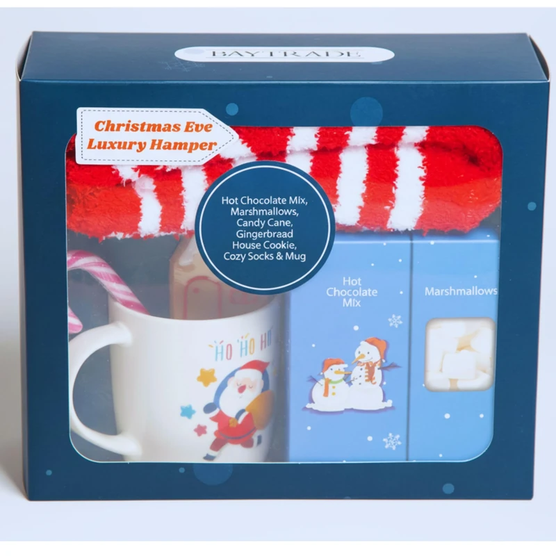 Christmas Eve Box - Candy Canes, Christmas Mug, Gingerbread Cookie, Marshmallows and Socks Hamper, Hot Chocolate Mug Gift Set, Xmas Eve Box Fillers for Kids Adults