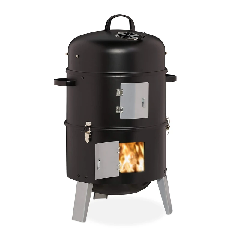 Relaxdays Charcoal Smoker, 3in1, for Grilling, Smoking & Cooking, Thermometer & Air Vent, Barrel: ∅ 40 cm, Steel, Black