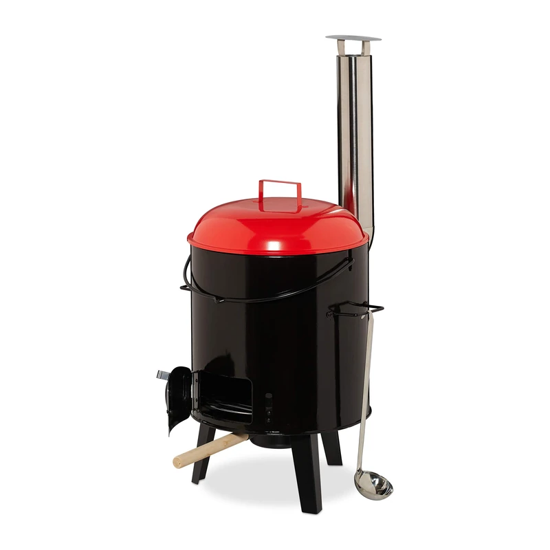 Relaxdays field kitchen, enamelled pot with lid, 14 l capacity, with cooking grid, outdoor, black/red