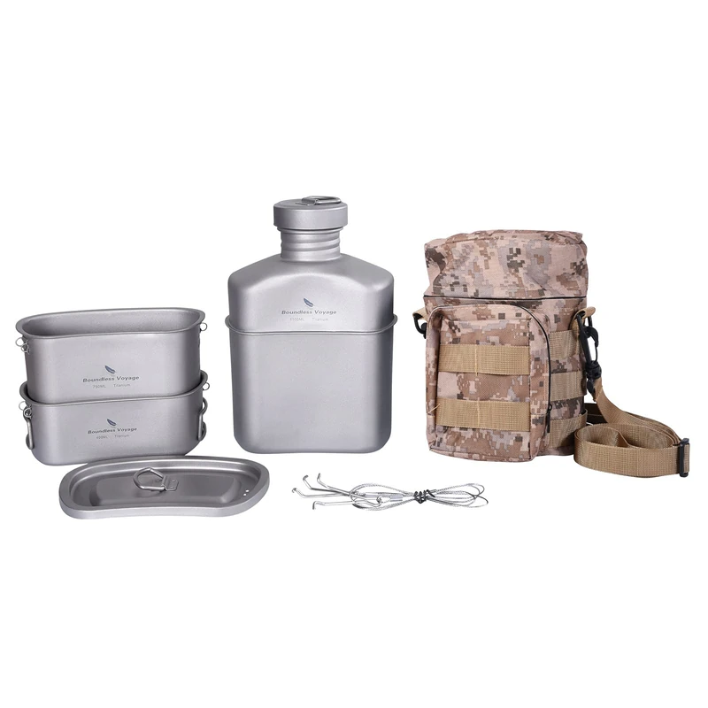iBasingo Titanium Canteen Set Ultralight 576g Military Camping Cookware Kit with 1100ml Bottle, 750ml & 300ml Nesting Cups, Upgraded Pouch for Hiking, Bushcraft, Survival Gas Stove & Campfire Ti2049C