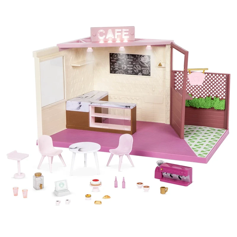 Lori – Local Cafe & Terrace Coffee Shop Playset Toy Cafe with Patio Play Food, Drinks & Accessories for 6-Inch Mini Dolls 3+ Years
