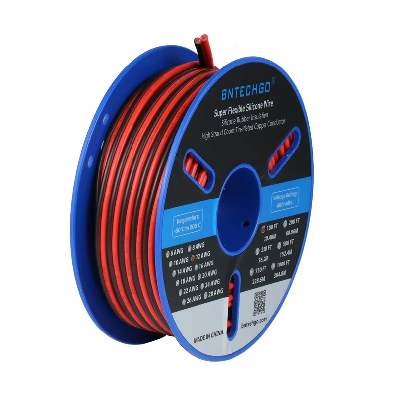 BNTECHGO 12 Gauge 2 Conductor Parallel Silicone Wire Red Black 100ft Cable