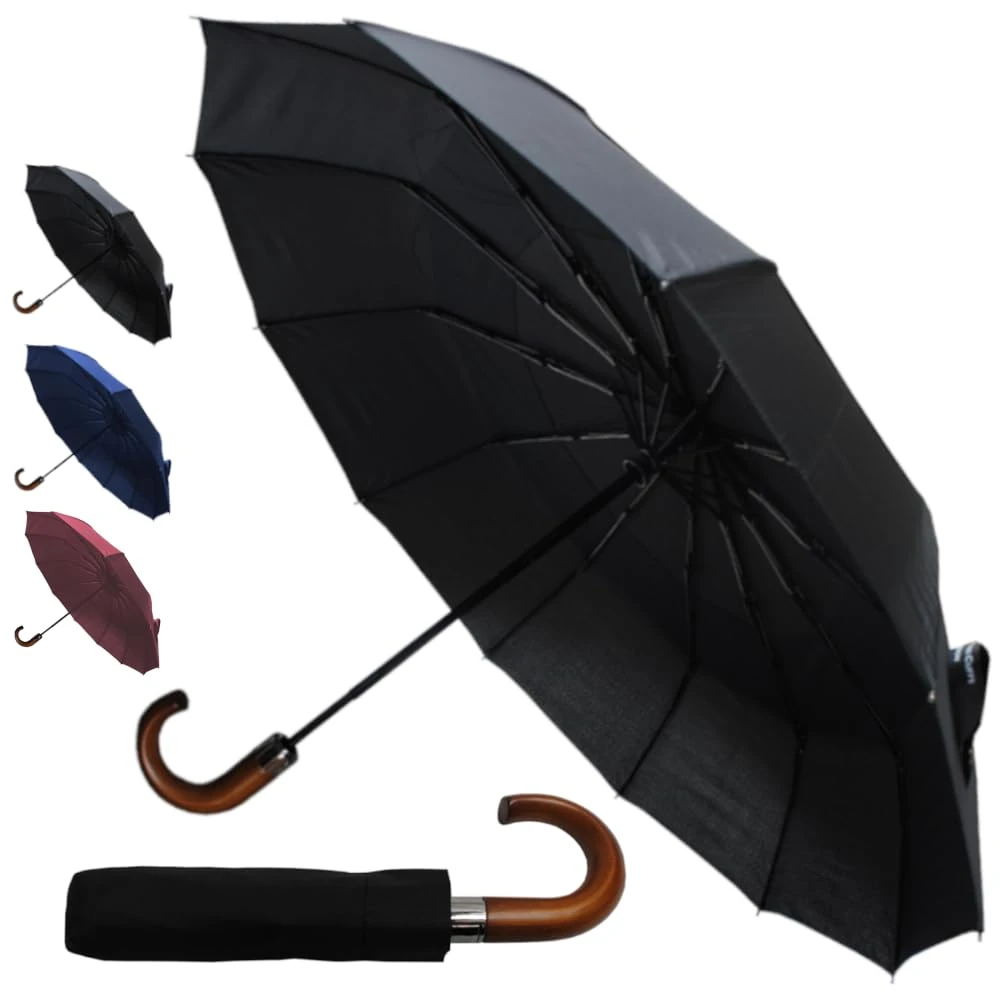 Rare 12 Rib Compact Small Umbrella - 50MPH Strong Windproof Umbrella Folding Foldable Frame - Vented Canopy - Best for Auto Open and Close - Wooden Hook Handle - Black