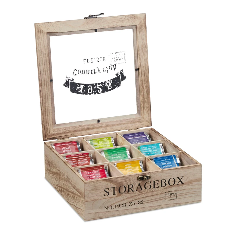 Relaxdays Tea Box, 9 Compartments, Organiser Chest, H x W x D: 9 x 24 x 25 cm, Wood, Natural