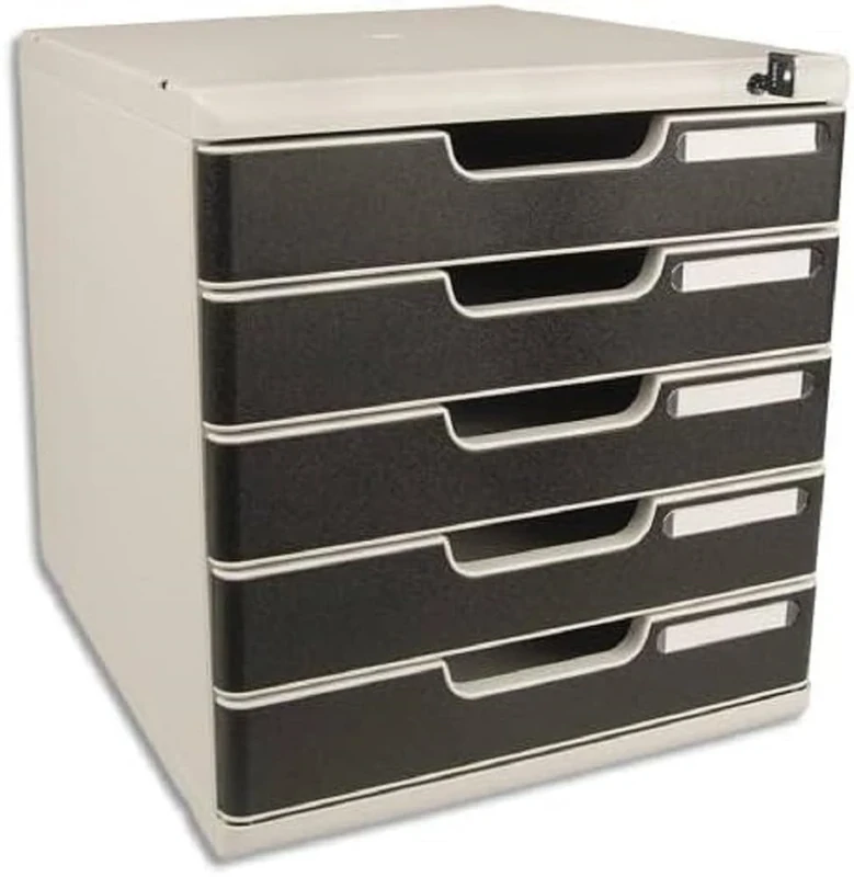 Exacompta - Ref 331014D - Modulo Drawer Set with Key Lock - 350 x 288 x 320mm in Size, 5 Drawers (54mm Height), Smooth Opening, Keys Supplied - Office Light Grey/Black