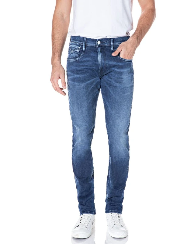 REPLAY Men's M914Y Anbass Hyperflex White Shades Jeans, Medium Blue 009, 38W / 34L