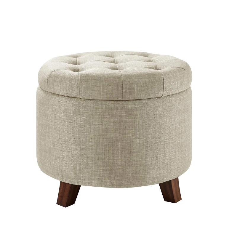 Amazon Basics Upholstered Linen Tufted Storage Round Ottoman Footstool, 50.8 x 43.2 x 50.8 cm, Burlap Beige