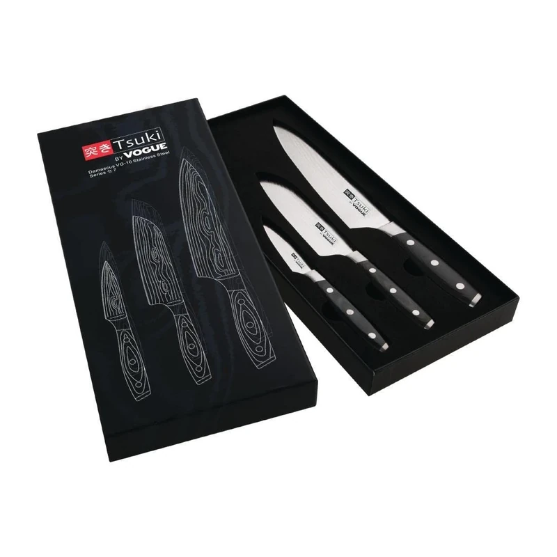 Vogue Tsuki Series 7 Three Piece Gift Set, Contains 3 inch Paring Knife, 5 inch Santoku Knife and 8 inch Chef's Knife, Professional and Home Chefs, CR403