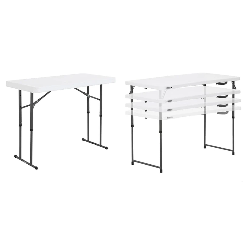 LIFETIME 4 ft (1.22 m) Commercial Adjustable Height Folding Table - White & Height Adjustable Craft Camping and Utility Folding Table