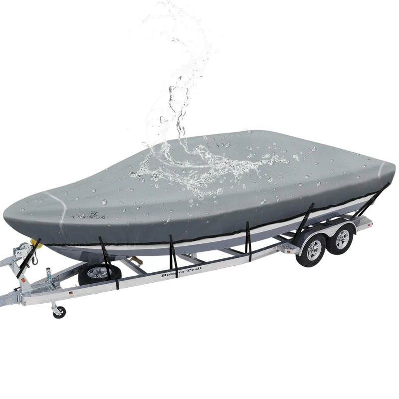 Explore Land Trailerable Waterproof Boat Cover Fits 17'-19'Long Beam Width up to 102" V-Hull Tri-Hull Runabout Fishing Ski Pro-Style Bass Boats, Grey