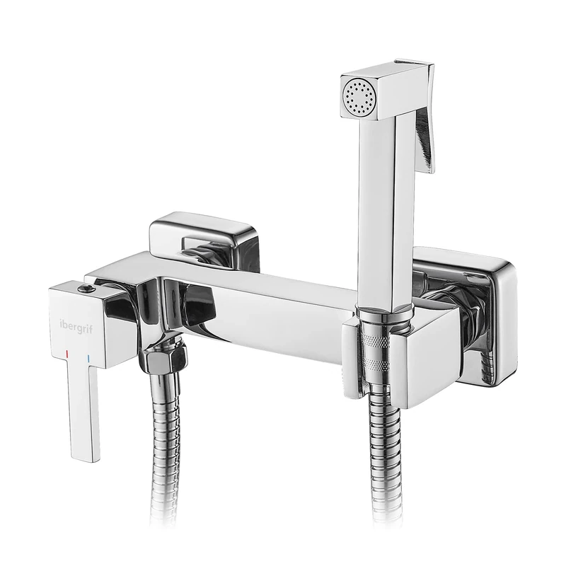 Ibergrif Square Bidet Sprayer kit for Toilet, Handheld Hot & Cold Sprayer Shattaf Toilet Attachment Stainless Steel for Pet Bath/Personal Hygiene/Bathroom, Easy to Install, Wall Mount, Chrome, M22021
