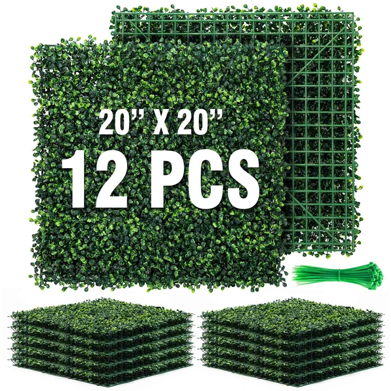 KASZOO 12Pack 20"x20" Artificial Boxwood Grass Backdrop Panels Topiary Hedge Plant, UV Protected Privacy Hedge Screen Faux Boxwood for Outdoor,Indoor,Garden,Fence,Backyard,Greenery Walls