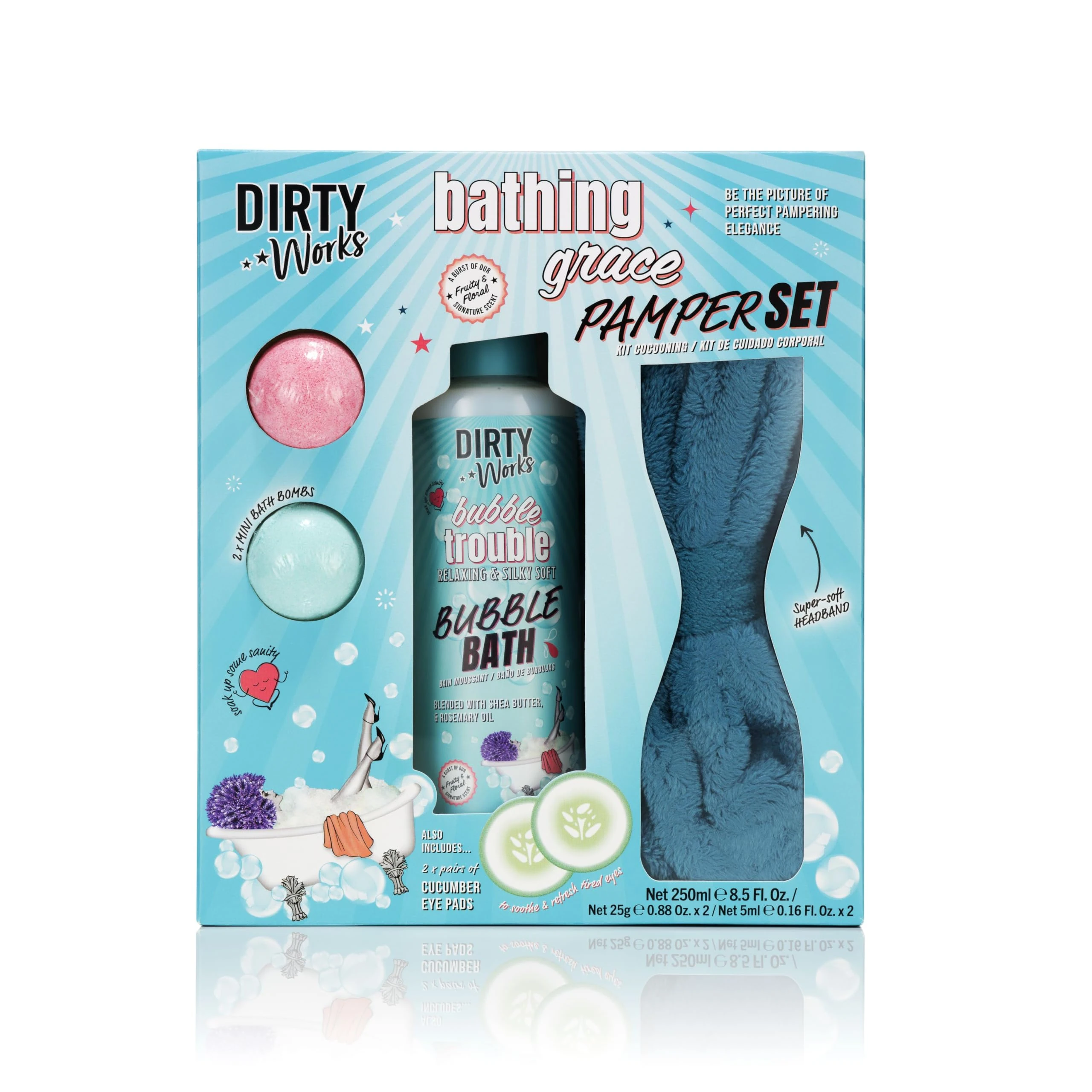 Dirty Works Bathing Grace Pamper Gift Set, Relaxing Vegan Spa Kit with Bubble Bath, Bath Fizzers, Headband & Cooling Eye Pads, Ultimate Bath & Body Care Gift