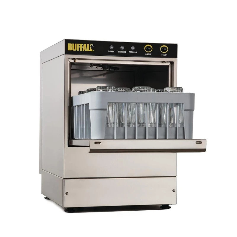 Buffalo 2.6 kW Countertop Glasswasher 350mm x 350mm Baskets, Stainless Steel, Up to 25 racks/hr, Gravity Drain, Size: 600(H) x 420(W) x 460(D) mm, Includes 2x Open Baskets, DW464 - Image 1