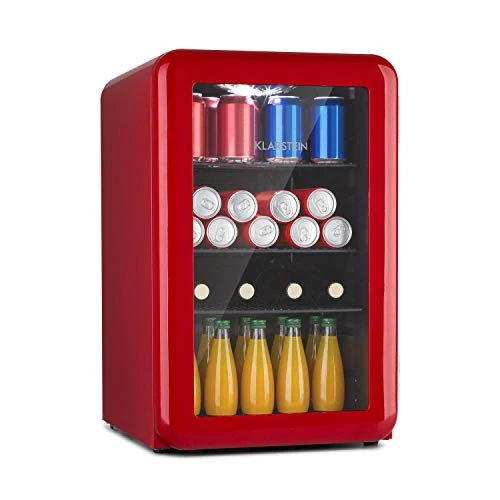 Klarstein PopLife Drink Cooler Mini Bar Retro Fridge 0-10°C Only 39dB 70L Eco Friendly Double Glazed Door Retro Red