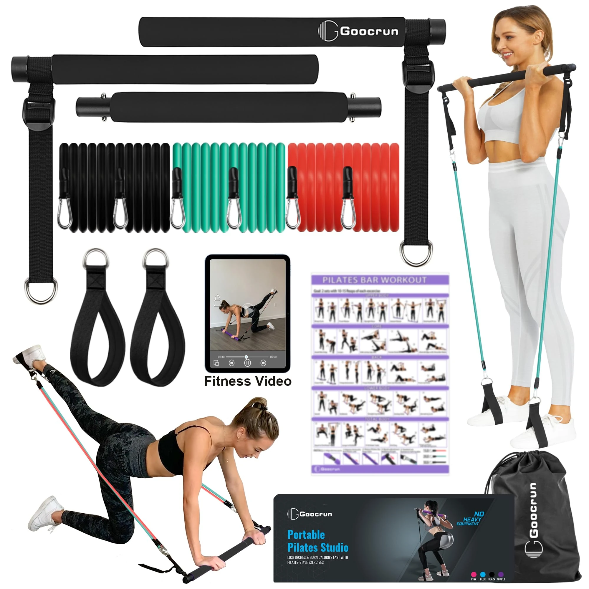 Goocrun Portable Pilates Bar Kit with Resistance Bands for Men and Women - 3 Set Exercise Bands (15, 20, 30 LB) - Home Gym, Workout Kit for Body Toning – with Fitness Poster and Video (Black)