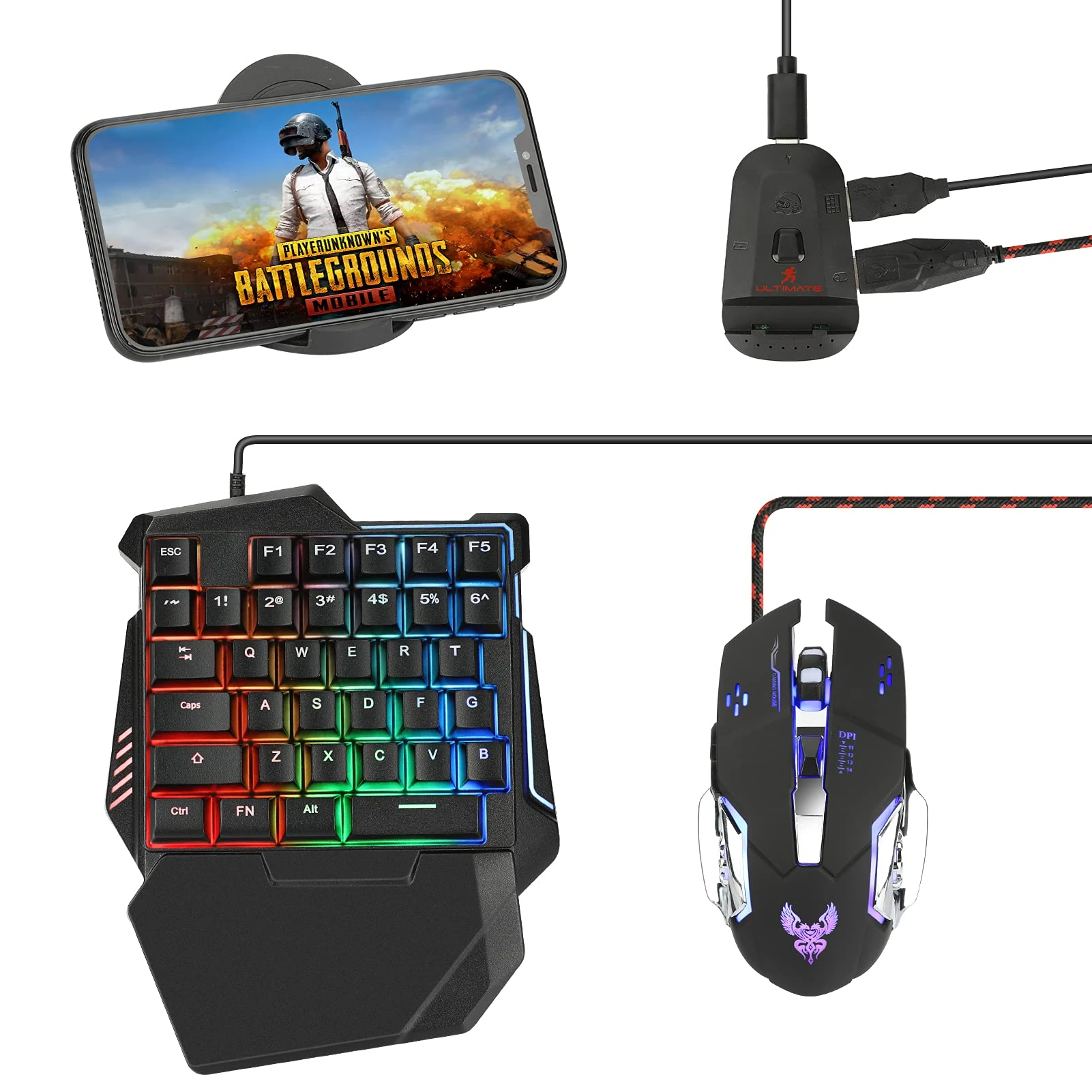 Half Hand Gaming Keyboard and Mouse Combo Laelr 35 Keys PUBG Wired Mechanical RGB LED Backlit Half Keyboard with Wrist Rest Wired Gaming Mouse Converter for Android IOS, Not support IOS 13.4 and above
