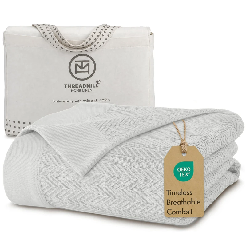 Threadmill 100% Pure Cotton, Queen Size Tusk White Blanket - Herringbone Pattern, Lightweight, Soft & Cozy Premium Fall Throw Blanket for All Seasons, 350GSM & 90x92 with Free Tote Bag