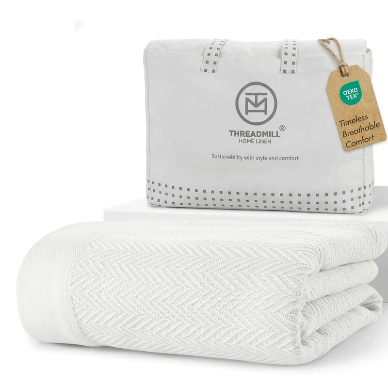 Threadmill 100% Pure Cotton, King Size Tusk White Blanket - Herringbone Pattern, Lightweight, Soft & Cozy Premium Fall Throw Blanket for All Seasons, 350GSM & 106x92 with Free Tote Bag - Image 1