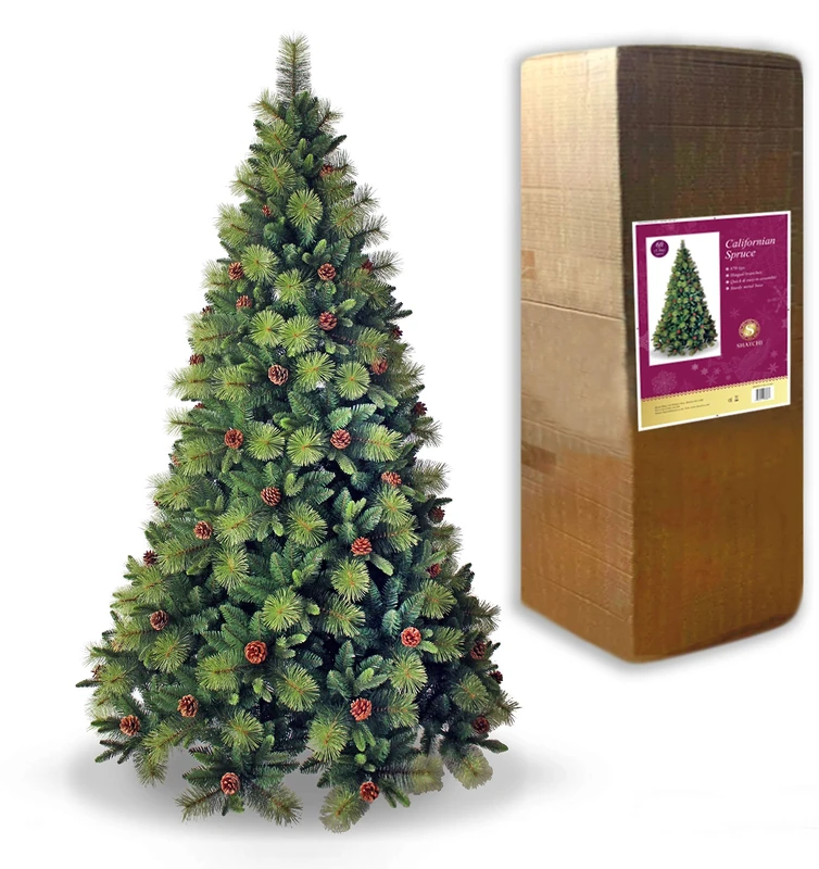 SHATCHI 7Ft/2.1m Californian Boulder Bushy Look Luxurious Forest Green Artificial Christmas Tree Pine Cones Hinged Branches Xmas Home Showroom Centerpiece Decorations, Polyvinyl Chloride