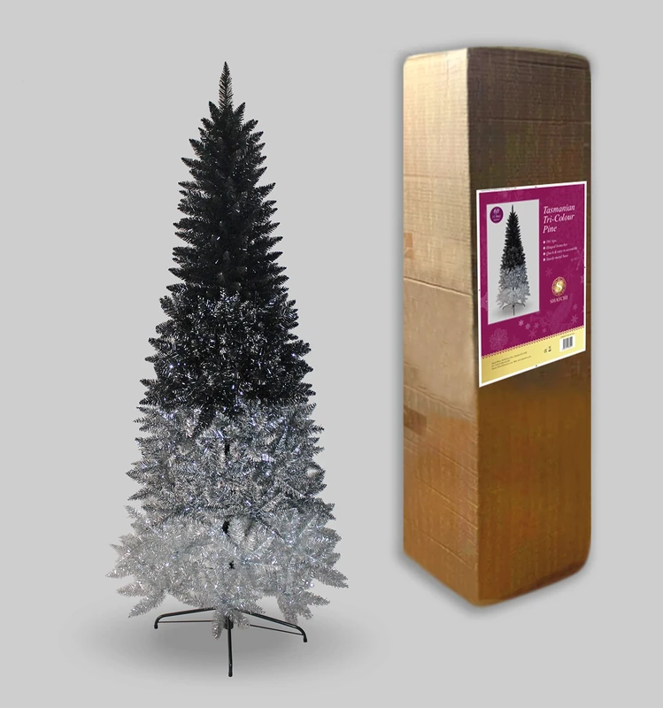 SHATCHI Tasmanian Mixed Colours Shiny Tinsel Pencil Tips Luxurious Slim Artificial Christmas Tree Hinged Branches Xmas Holiday Home Decorations – 6Ft/7Ft, Polyvinyl Chloride Metal, Black/Silver, 6Ft
