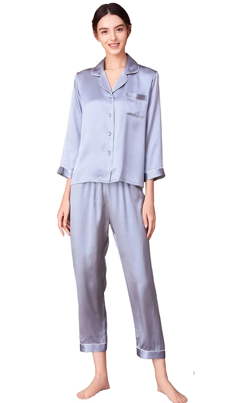 Jsix 16 Momme Silk Pajamas Set for Women Pure Mulberry Silk Sleepwear Long Nightwear Ladies (Haze blue, XXL)