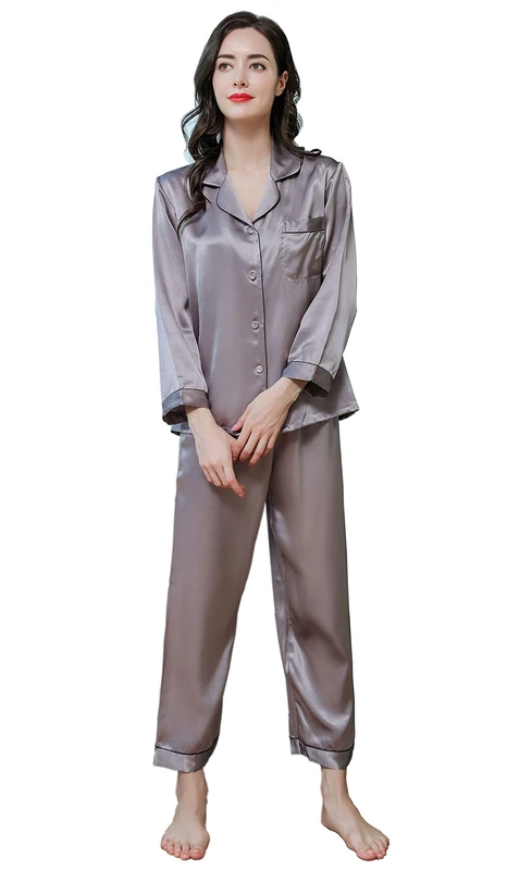 Jsix 16 Momme Silk Pajamas Set for Women Pure Mulberry Silk Sleepwear Long Nightwear Ladies (Grey, S)