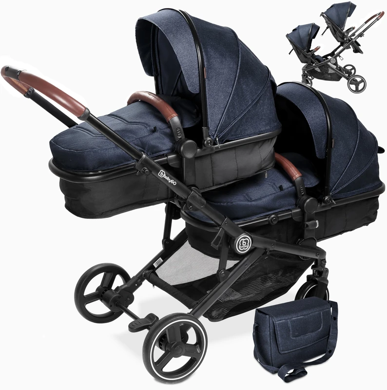 BABYGO 3-in-1 Pushchair for Twins - Sibling Pushchair/Twin Pram for 2 Children with Lots of Accessories (Grey, Blue)