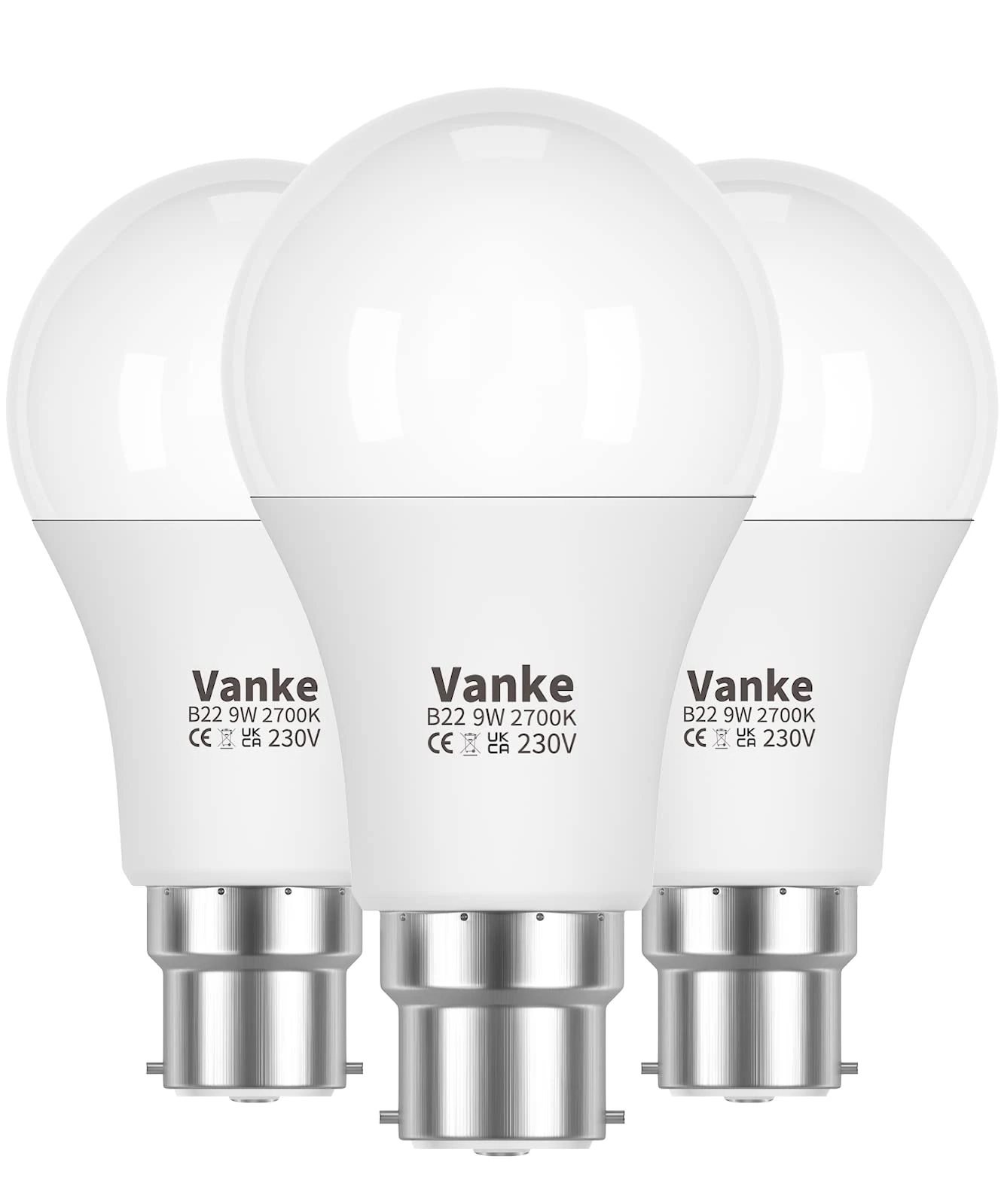 Vanke Bayonet Light Bulb 60w Equivalent, B22 LED Bulbs Warm White 2700K Yellow Light, Non-Dimmable 9w Energy Saver Lightbulb, 806 Lumen, 3-Pack