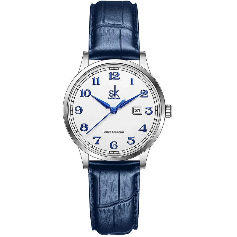 SHENGKE SK Classic Business Women Watches with Stainless Steel Band and Genuine Leather Elegant Ladies Calendar Watch(Arabic Number-Blue Leather)