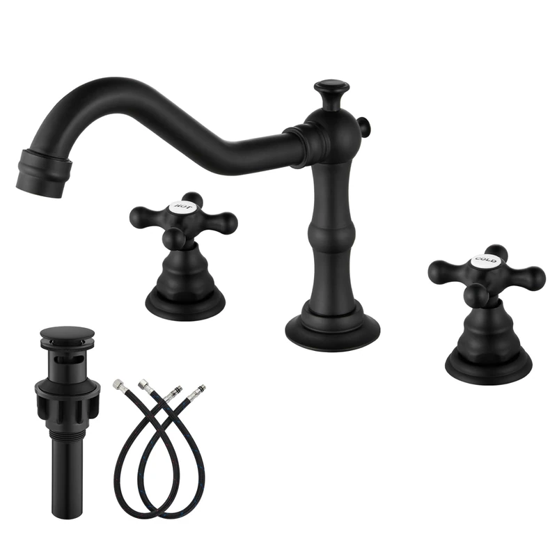 gotonovo Matte Black 3 Hole Bathroom Faucet 2 Cross Handles 8 Inch Widespread Bathroom Sink Faucet Deck Mount Vintage Mixer Tap with Supply Hoses and Pop Up Drain