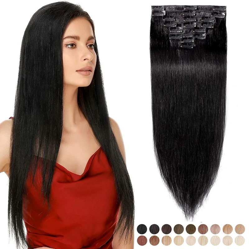 Elailite Black Clip in Hair Extensions Real Human Hair - 8 Pieces Thin Weft Full Head Remy Hair Straight - #1 Jet Black - 12 Inch (55 g)