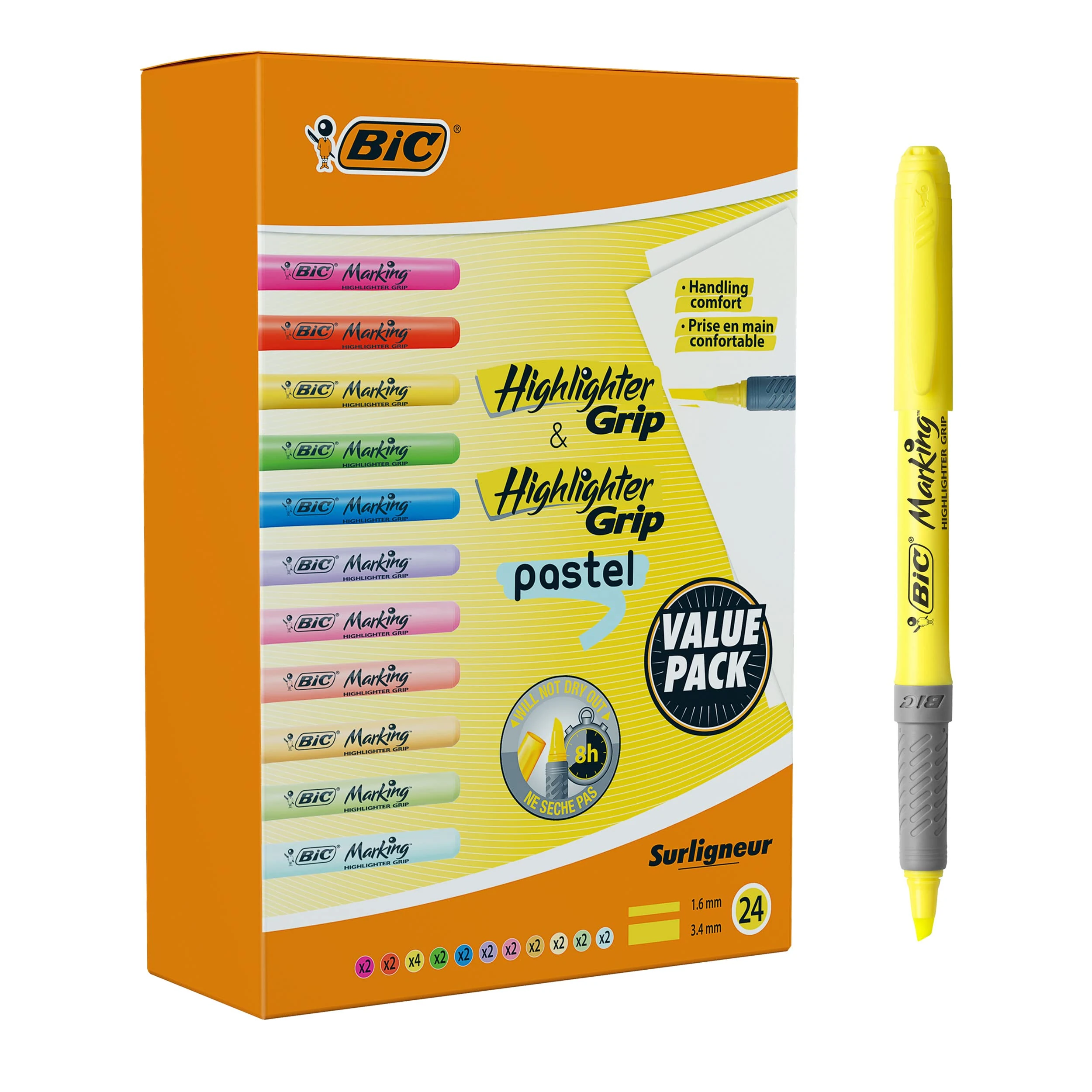 BIC Highlighter Grip & Highlighter Grip Pastel, Perfect For The Classroom, Office, Or Christmas, Assorted Colours, Pack of 24 [Amazon Exclusive]