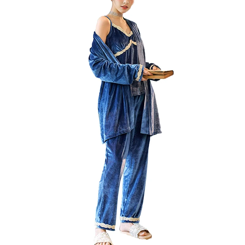 ZJML Women's Three-Piece Pajamas, Sexy Velvet Stitching Lace Nightgown, Elegant Sleepwear Home Wear M-XL,Blue,Medium