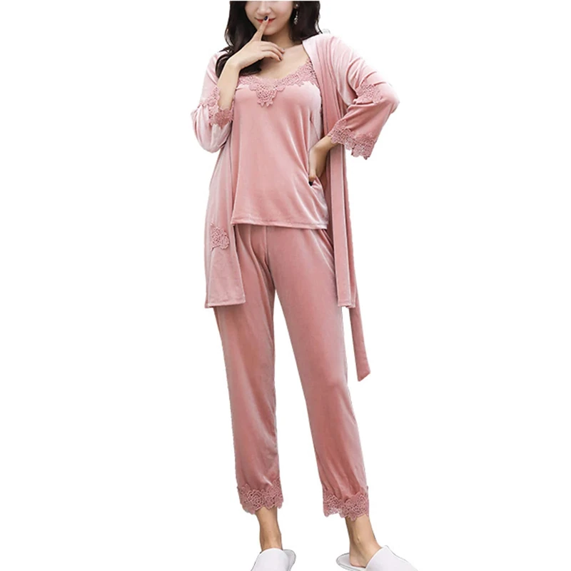 ZJML Women's Velvet Nightgown Set, Three-Piece Pajama Suspender Trousers, Sexy Lace Nightwear,Pink,Large