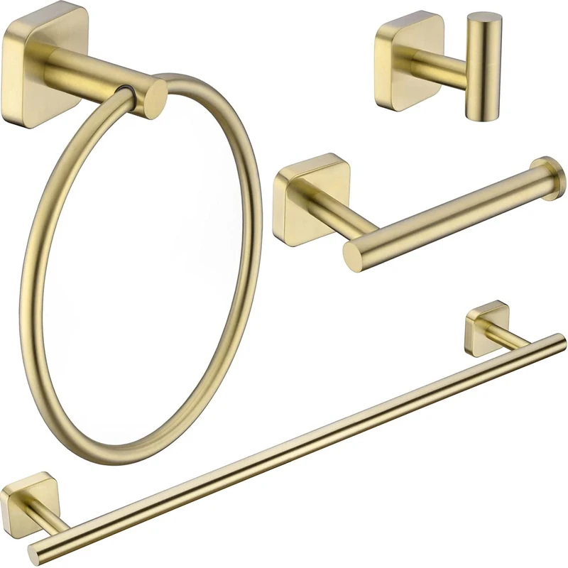 Bathroom Hardware Set in Gold 4 Piece Stainless Steel Bath Cloth Towel Bar, Towel Ring, Roll Paper Holder and Robe Coat Hook, Litri Series, Brushed Brass
