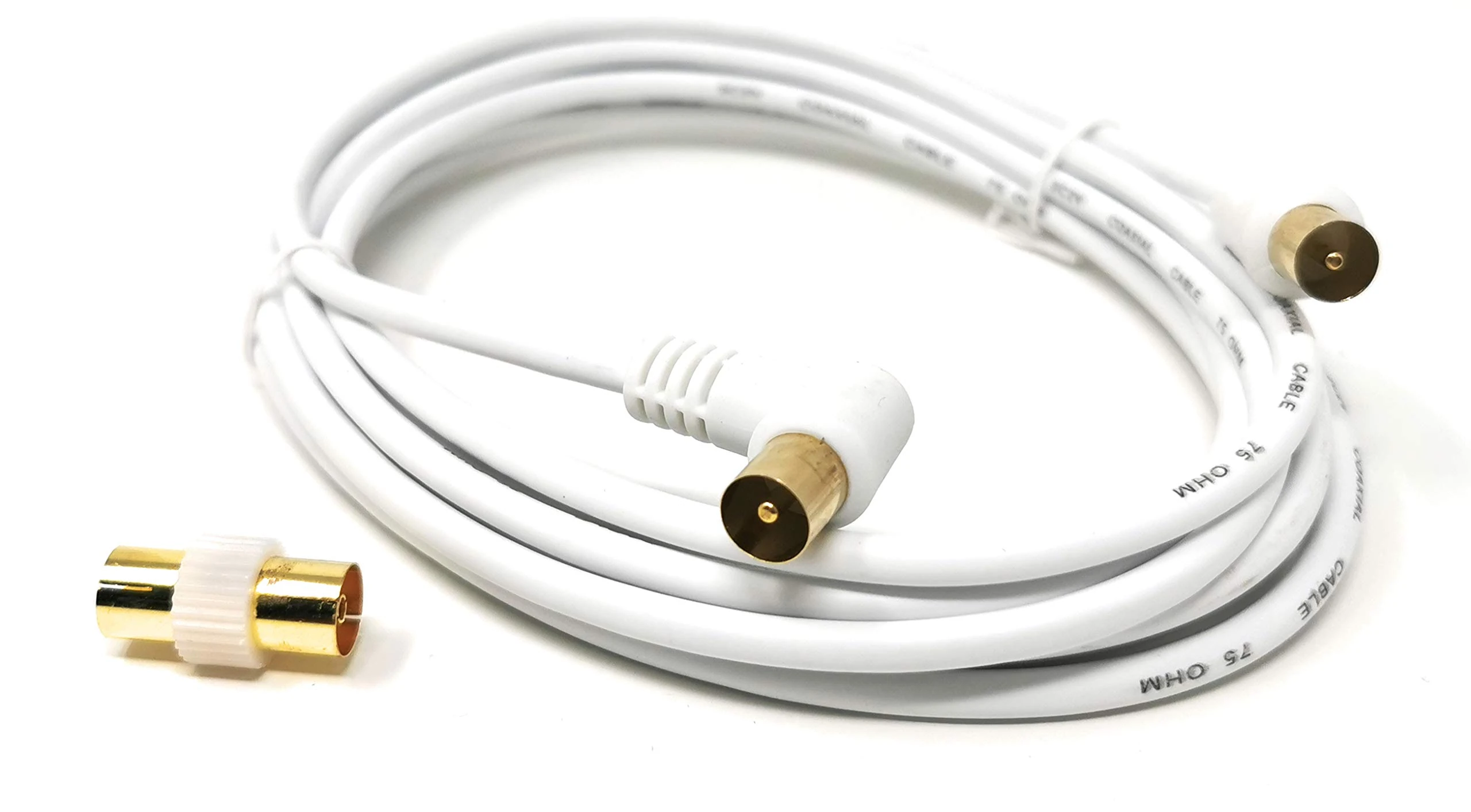 Maincore 4m Right Angle TV/AV Aerial Antenna Coaxial Cable Lead with Coupler – Male to Male RF Extension Cable for TV, HDTV, Freeview, Satellite, DVB-T, and AV Devices (4m)