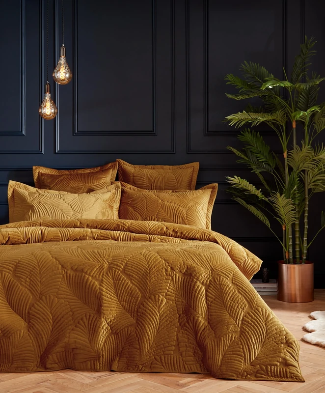 Paoletti Palmeria Quilted Duvet Cover Set – Luxe Embroidered Velvet Bedding (Gold – Single), King