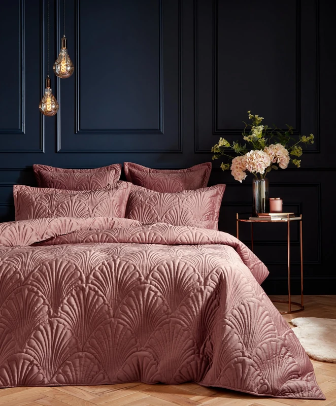 Paoletti Palmeria Quilted Duvet Cover Set – Luxe Embroidered Velvet Bedding (Blush – Super King)