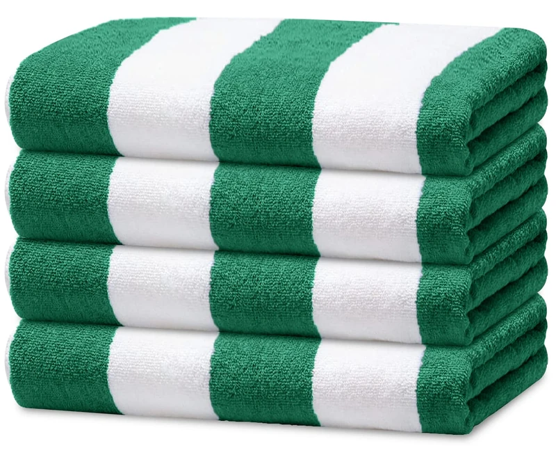 Avalon Towels Cabana Beach Towels 4 Pack (Size 30x60) Inches Oversized, 100% Ring Spun Cotton, Highly Absorbent Large Pool Towels, Super Soft and Quick Drying, Perfect for Gifts (Green Stripe)