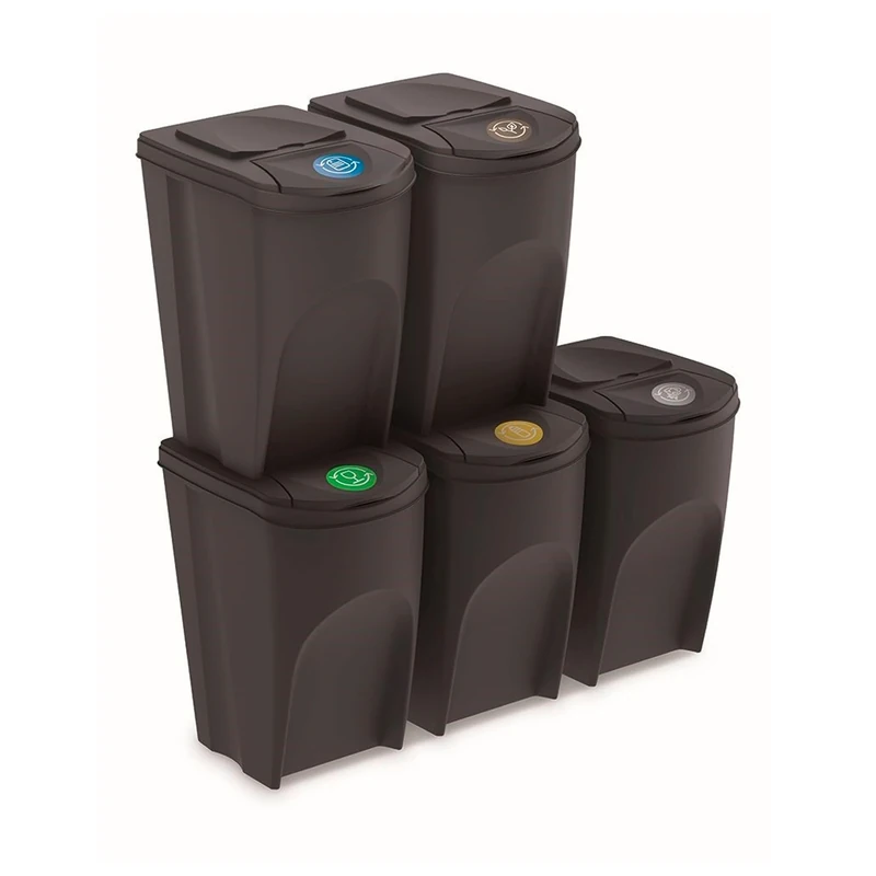 PROSPERPLAST Set of 5 Recycling Bins, 175 Litres, Plastic Sortibox in Anthracite, Large