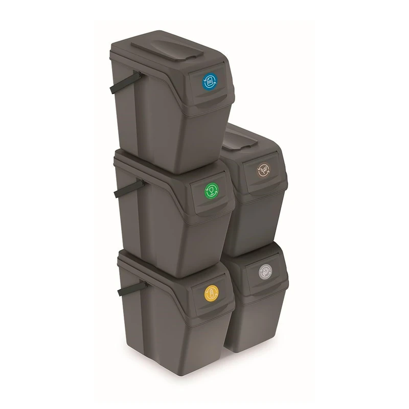 Prosperplast ZA1297 Set of 5 Recycling Bins, 125 Litres, Plastic Sortibox in Grey, 5 x 25 L